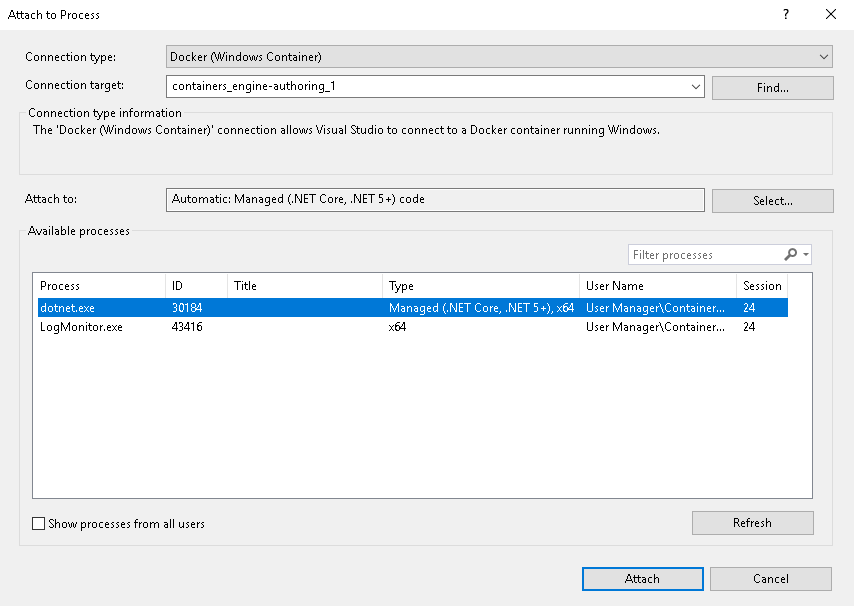 The Attach to Process dialog box with the dotnet.exe process selected.