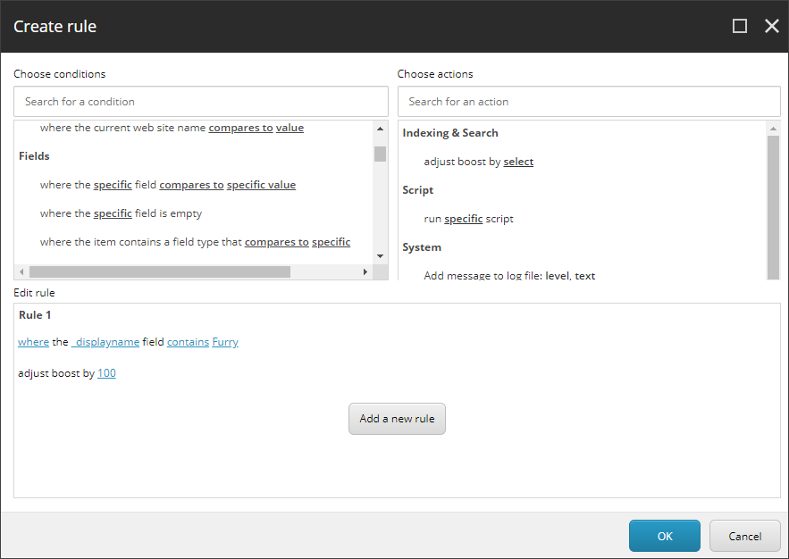 Create rule dialog box showing example boosting rule
