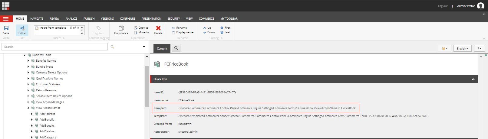 The Item path value of a Commerce item in the Sitecore Content Editor.