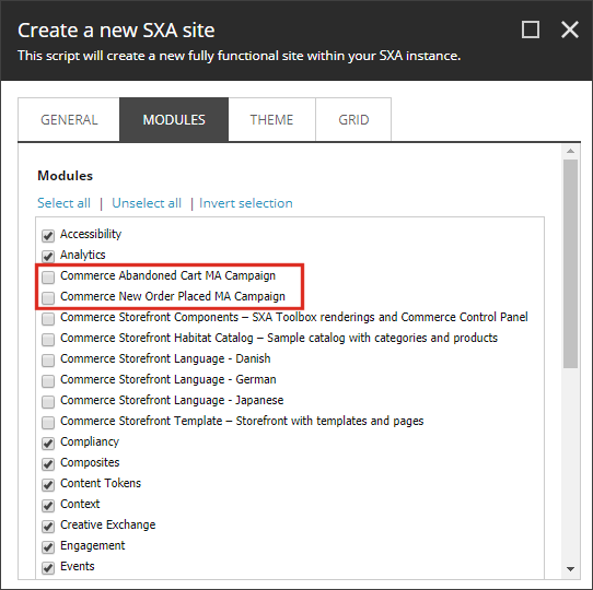 Create a new SXA site dialog box