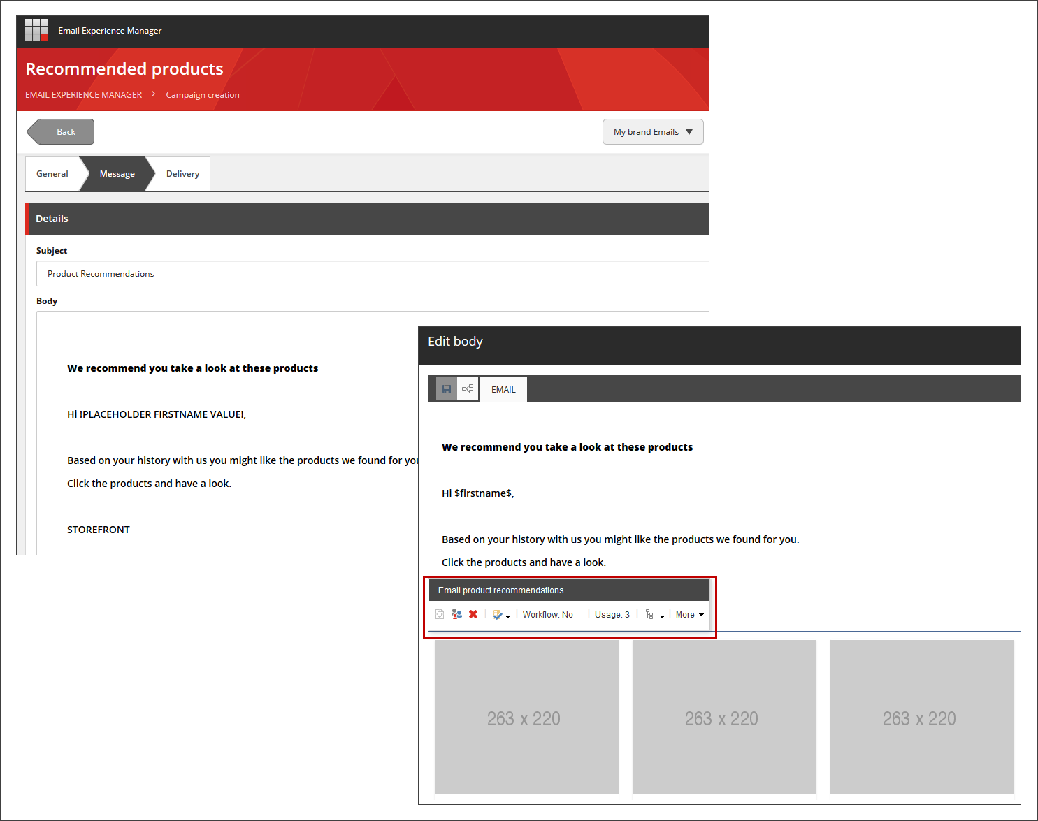 Email Experience Manager Edit email body dialog box