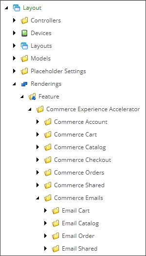 Commerce email renderings in the Content Editor.