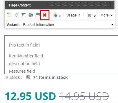 Product Information rendering variant selected and Page Content dialog box displayed.
