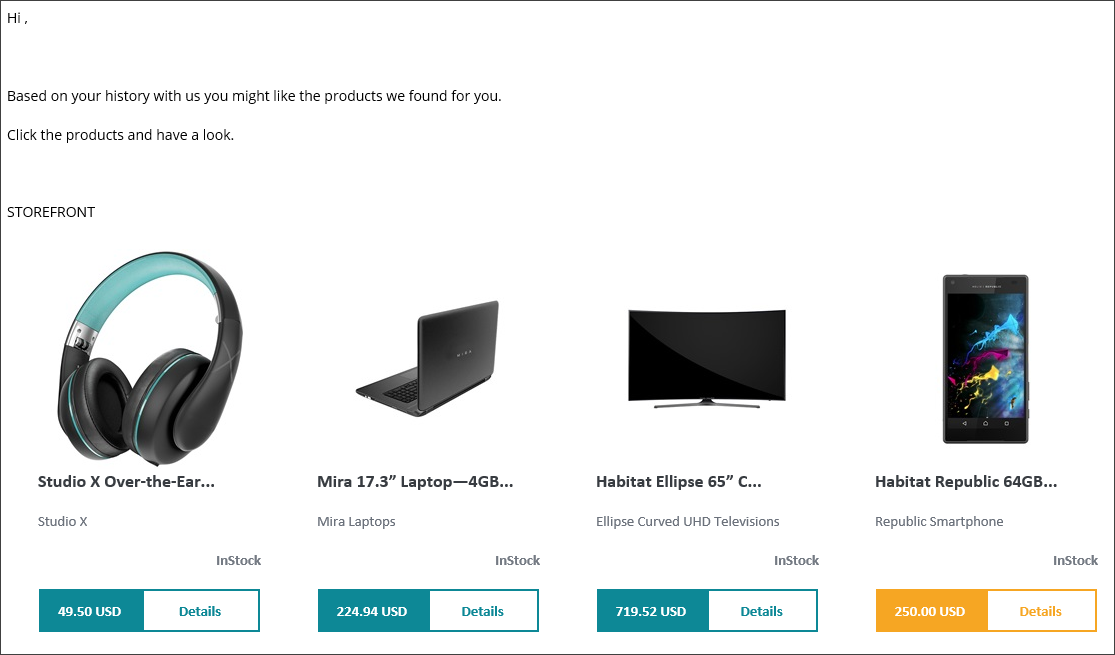 Example of a product recommendation email message body.