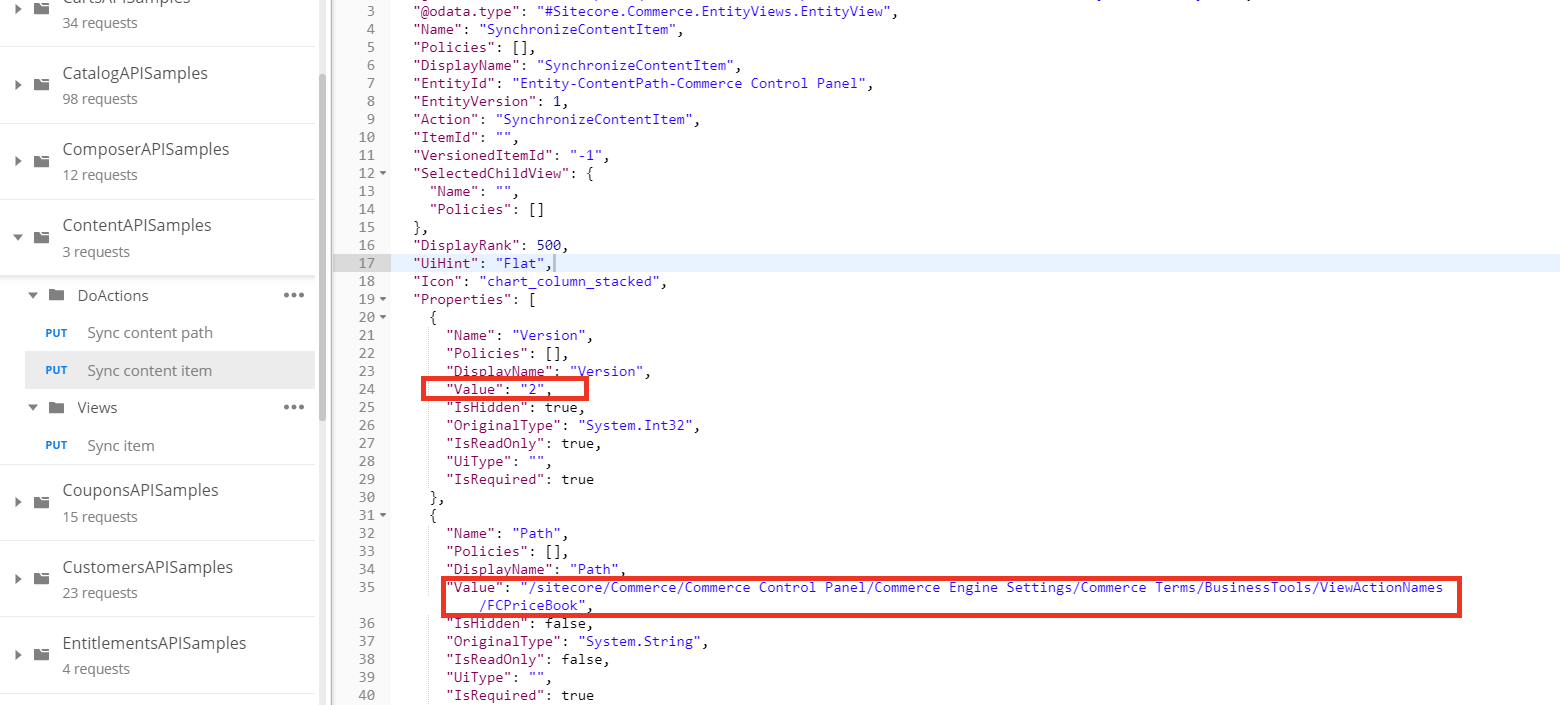 The "value" property for the content item version and path.