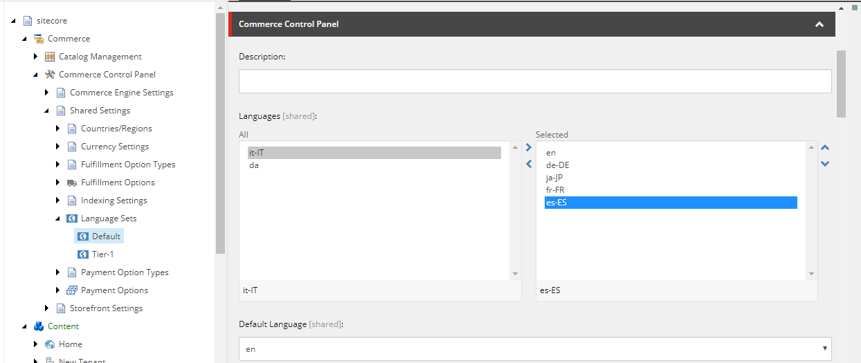The language selector in the Commerce Control Panel.
