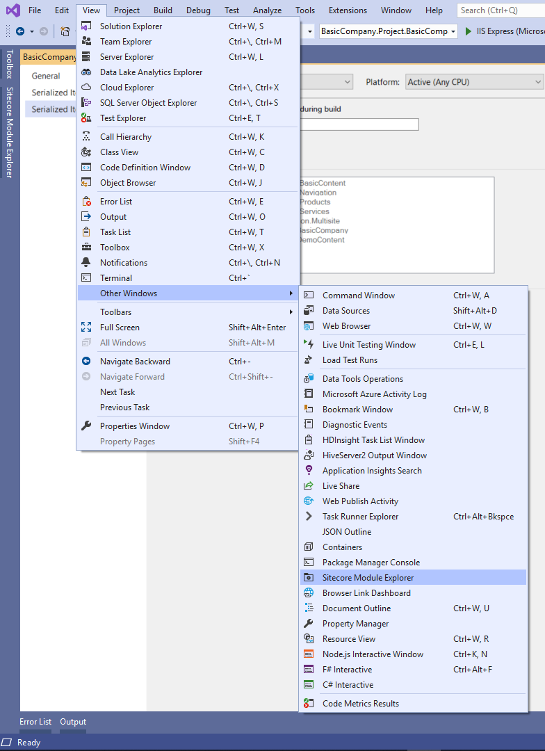 Illustration showing the Sitecore Module Explorer menu item in the View, Other windows menu.