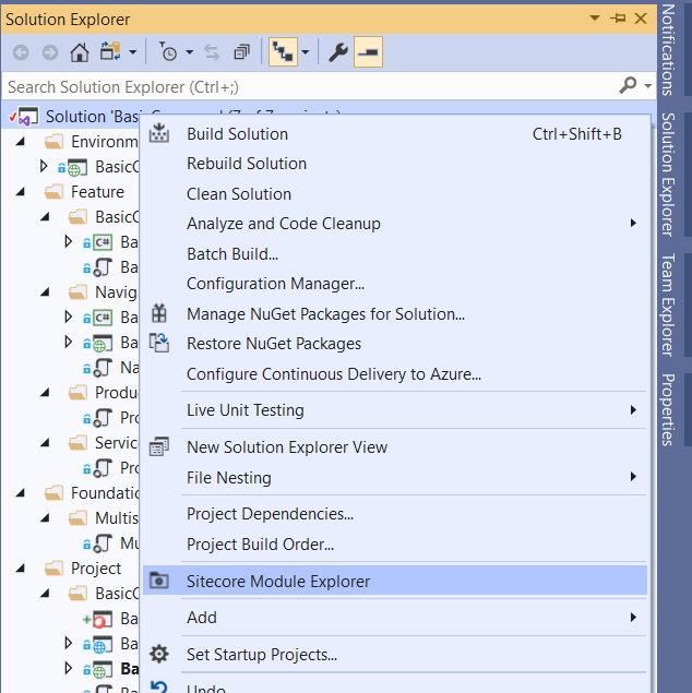 Illustration showing the two new Sitecore Module Explorer and Sync Items menu items in the Solution Explorer context menu.