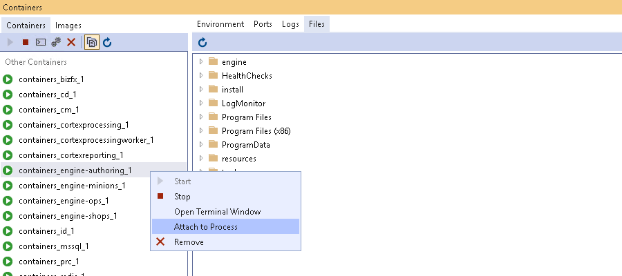 In Visual Studio, the Attach to Process option in the dialog box containing debugging actions.