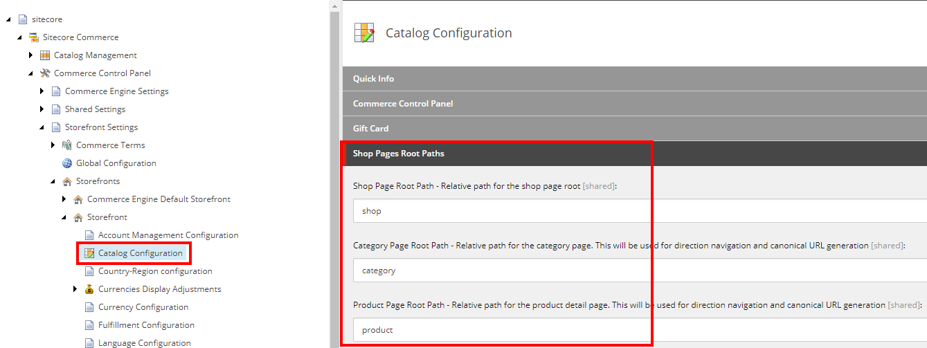 Shop Pages Root Paths settings in Catalog configuration.