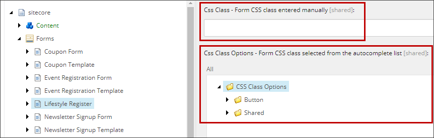 CSS class fields on the Content tab