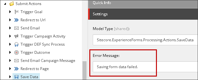 Error Message field for the Save Data submit action.