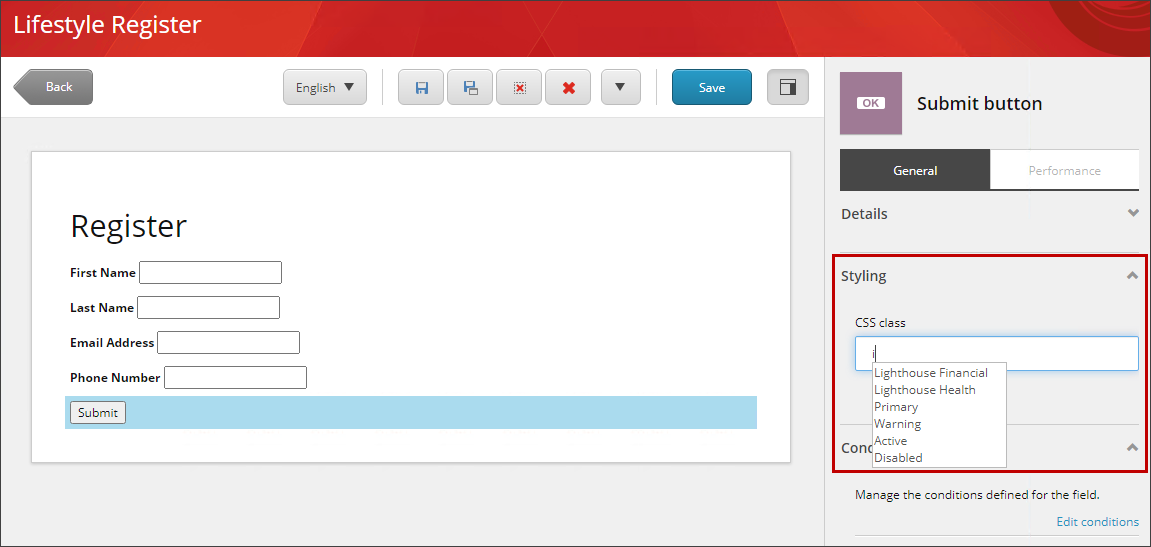 CSS class options available for a form element