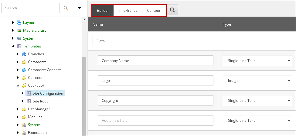 Builder, Inheritance, and Content tabs in the Template Builder.