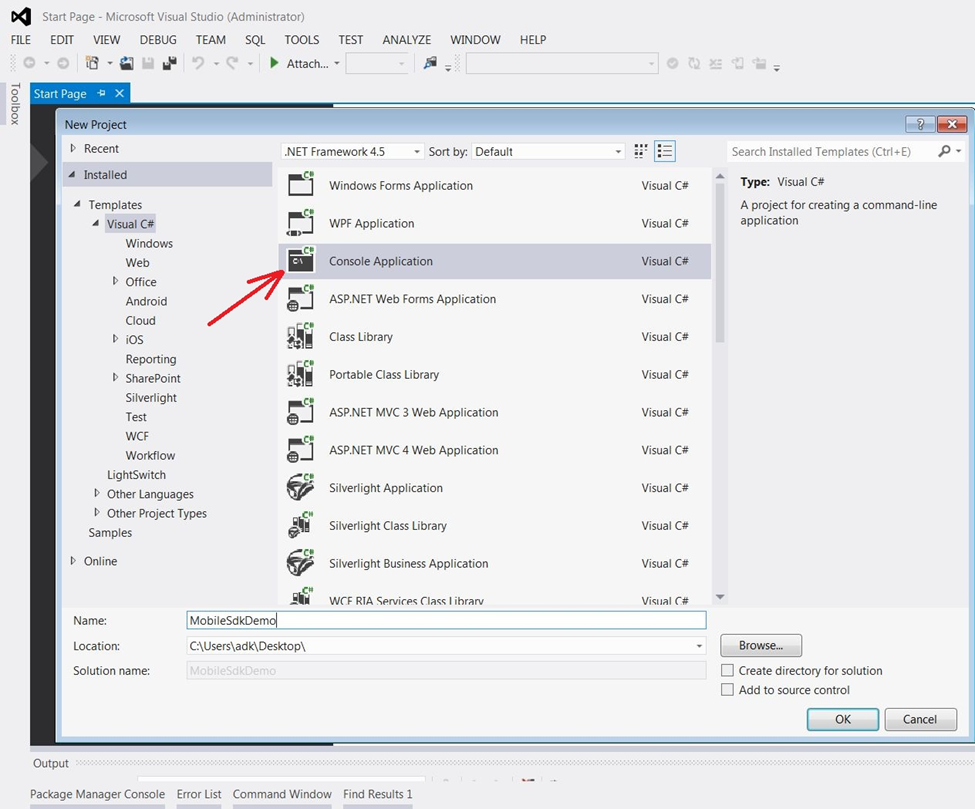 visual studio new project dialog