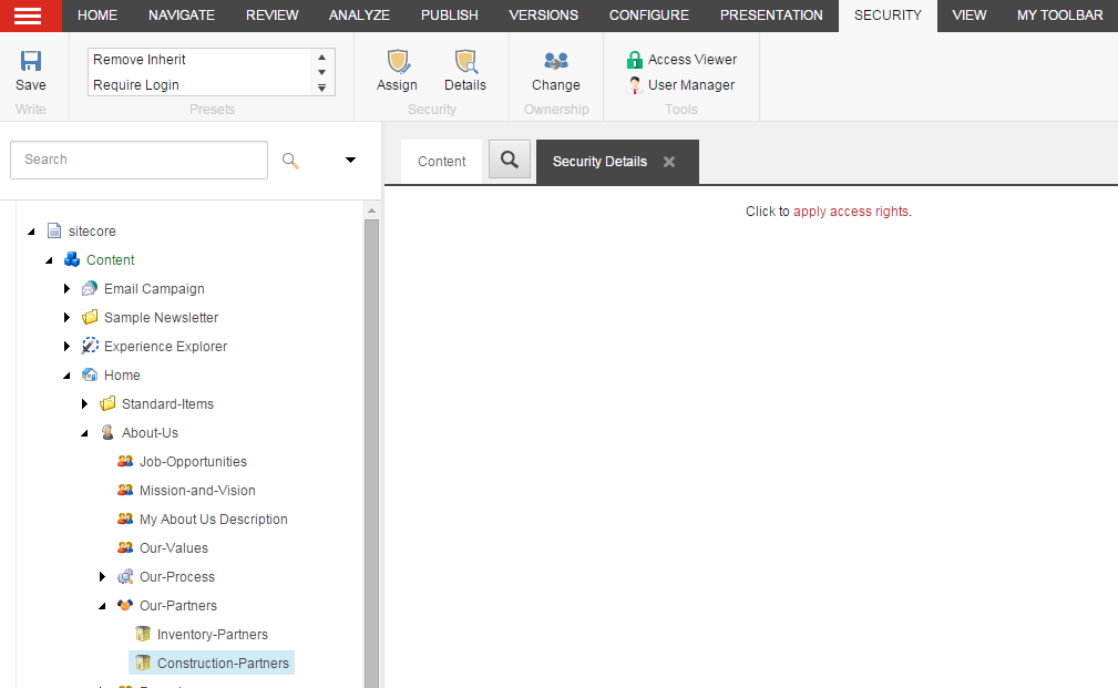 An item with no access rights in the Security Details tab of the Content Editor