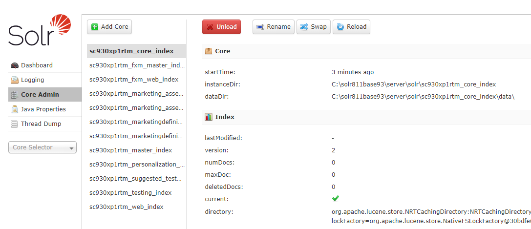 The Core Admin settings on the Solr administration page The Core Admin settings on the Solr administration page