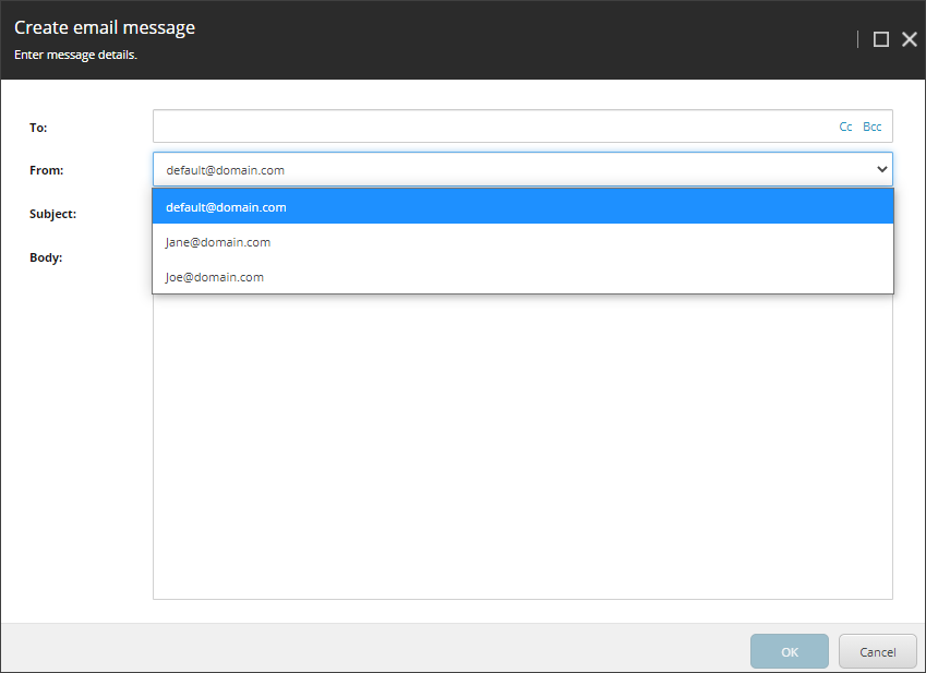 Create an email message dialog box with the From addresses field prefilled