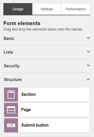 Form elements sections.