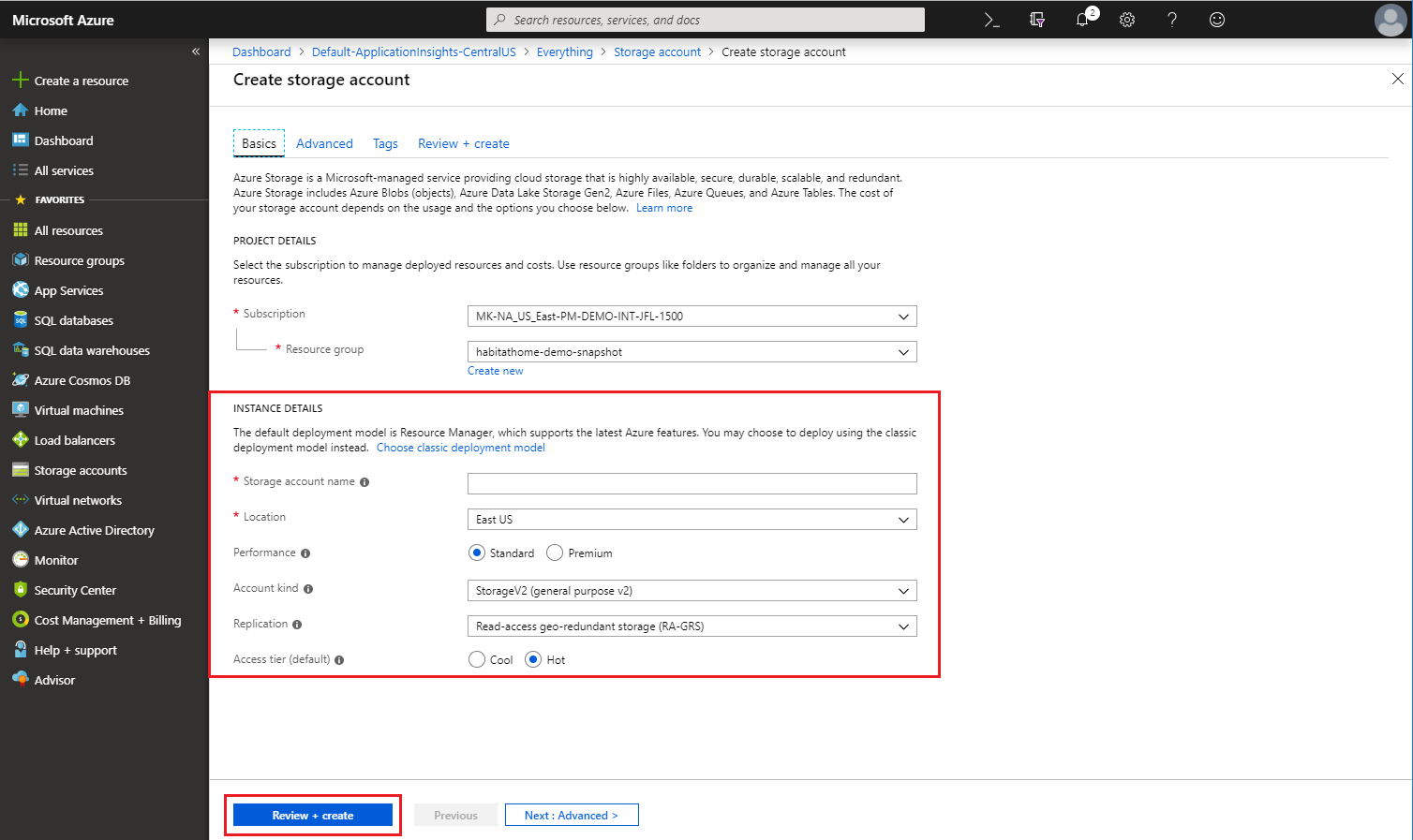 Review your details and create a storage account