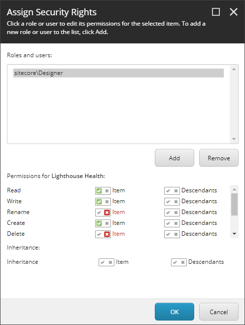 Security Rights dialog box showing permissions granted and those denied.