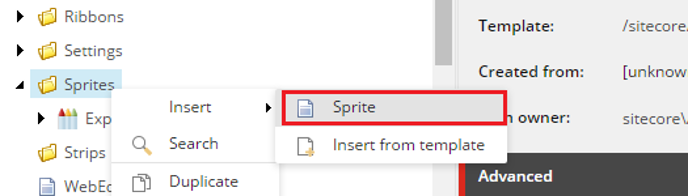 The Insert menu for the Sprites folder in the Content Editor The Insert menu for the Sprites folder in the Content Editor