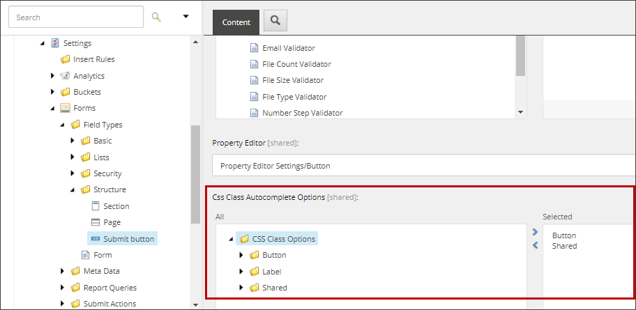 Selected CSS class options folders