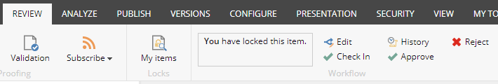 Commands shown as buttons in the Content Editor window, Review tab, Workflow group. Commands shown as buttons in the Content Editor window, Review tab, Workflow group.