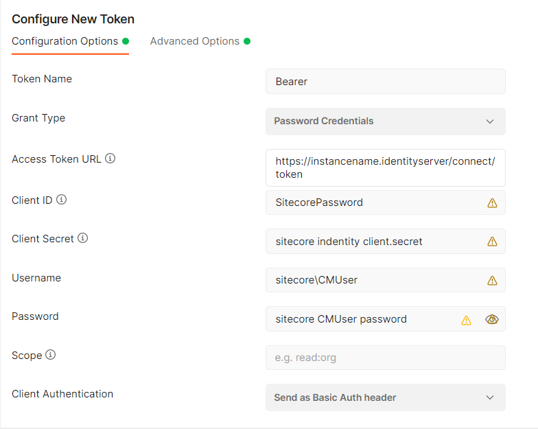Configure New Token dialog with filled-in form fields