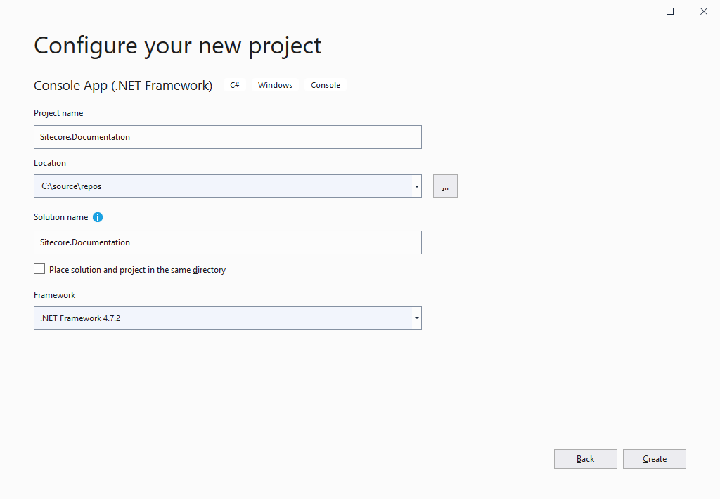 The Configure your new project dialogue box in Visual Studio. The Configure your new project dialogue box in Visual Studio.