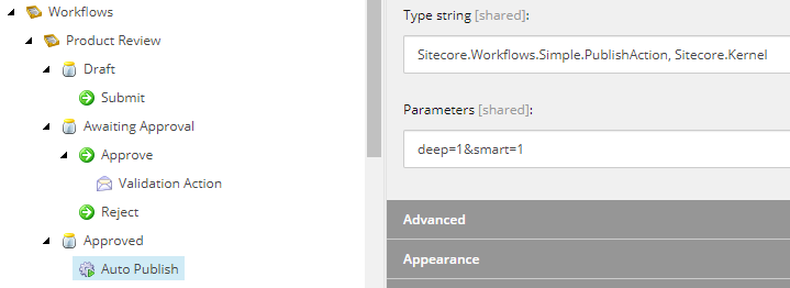 Create an Auto Publish action under the Approved state. Create an Auto Publish action under the Approved state.