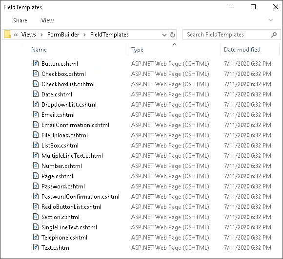 Default form elements for the website shown in the File Explorer.