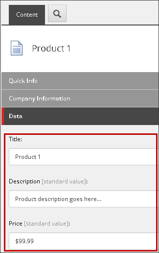 Product item fields as shown in the Content Editor