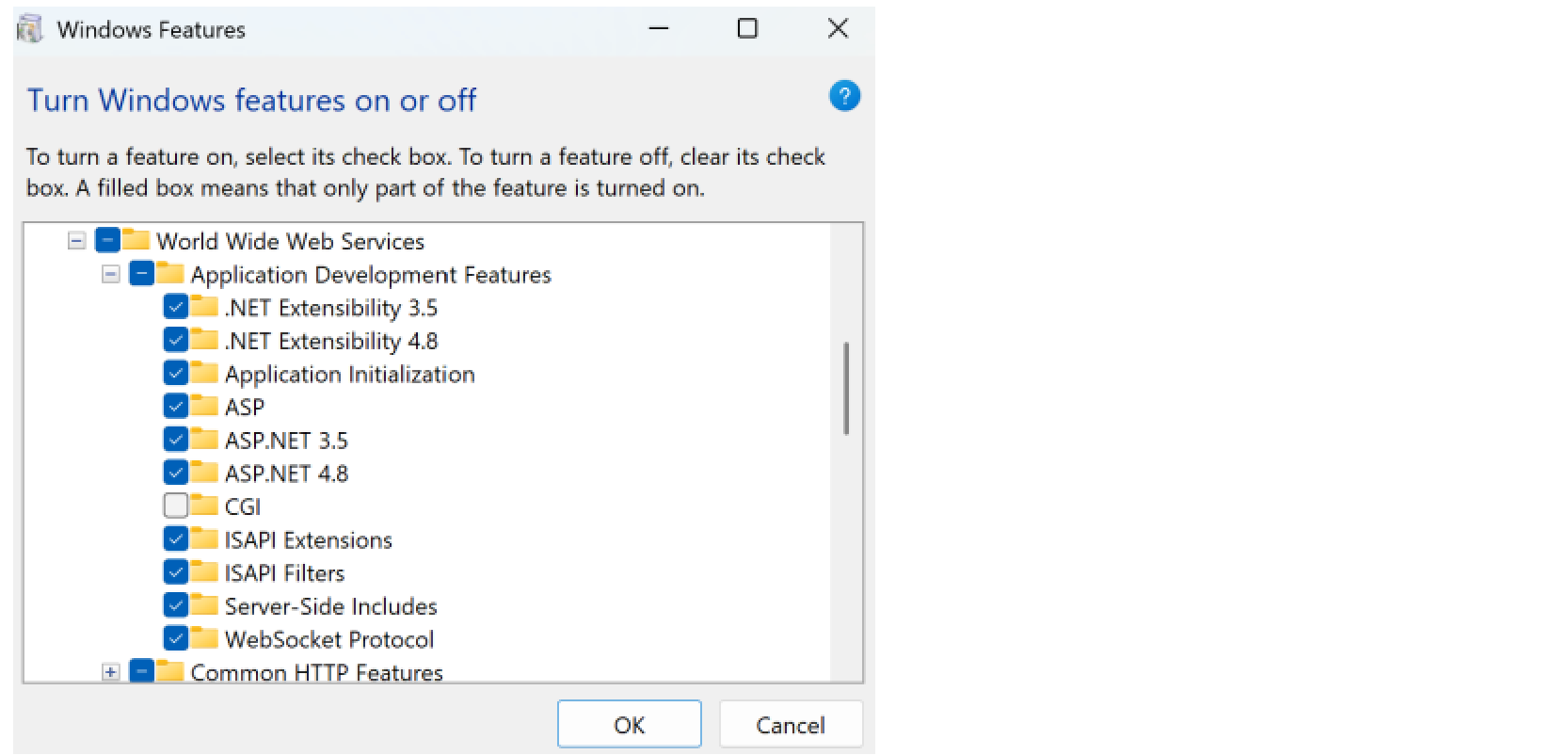 The Windows Features dialog