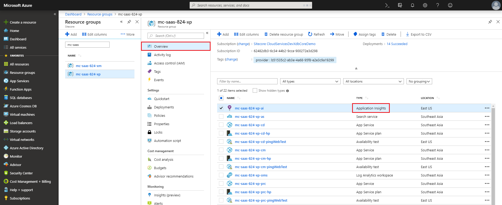 The Azure resource group Application Insights.