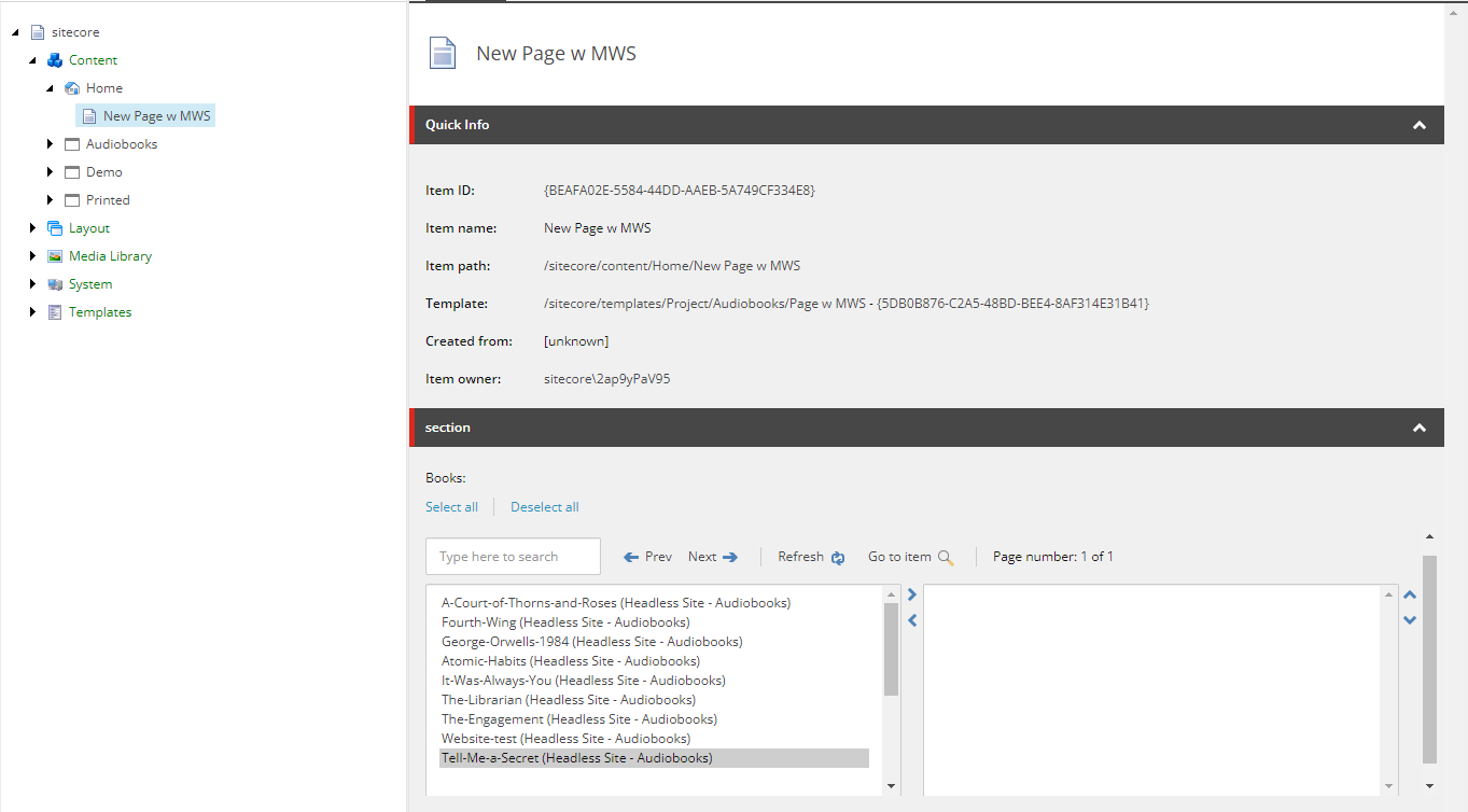 Item selection options in a multilist with search field