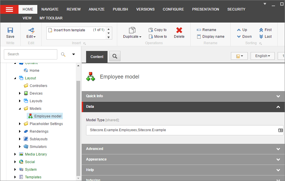 An MVC model in the content editor