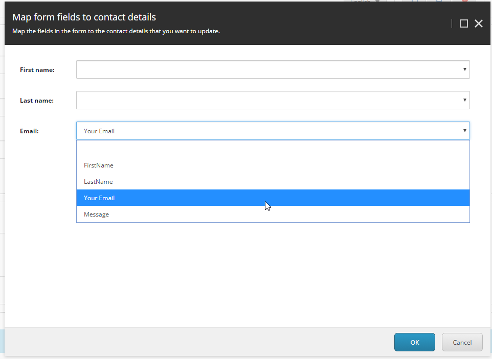 Map form fields to contact details dialog box.