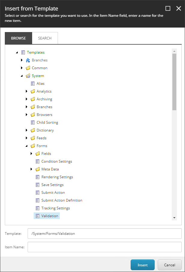 Insert from Template dialog box with Validation template selected