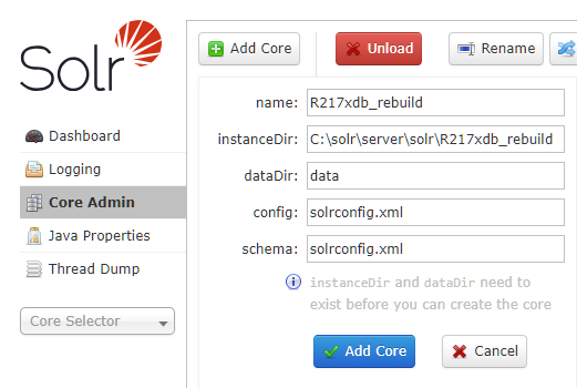 Add Core in the Solr administrative interface Add Core in the Solr administrative interface