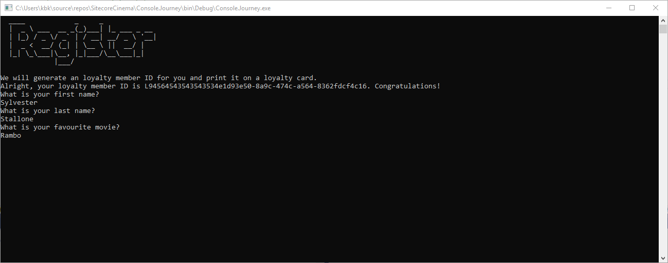 A terminal with the membership registration details in the app output. A terminal with the membership registration details in the app output.