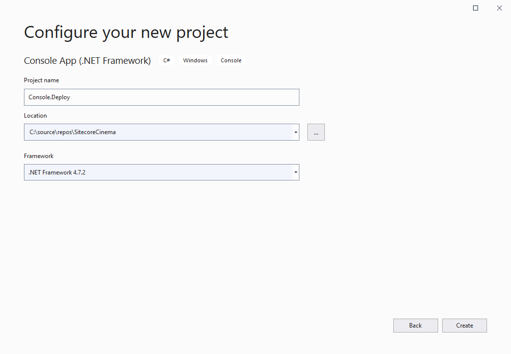 The Configure your new project dialogue box in Visual Studio. The Configure your new project dialogue box in Visual Studio.