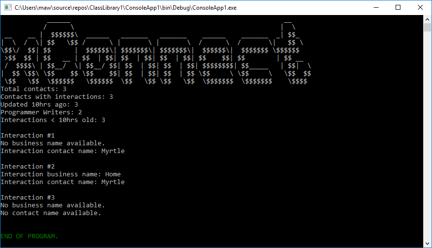 A terminal with the contact and interaction details in the app output.