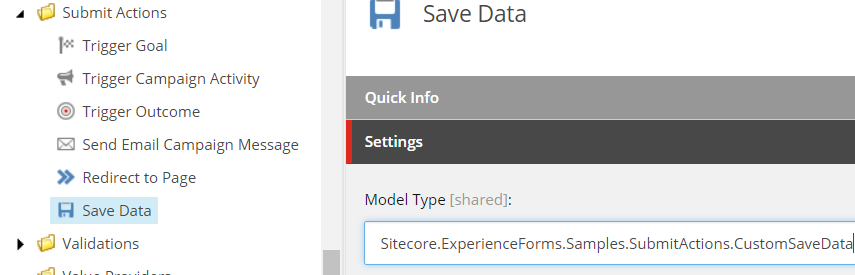 Model Type field for the Save Data submit action.