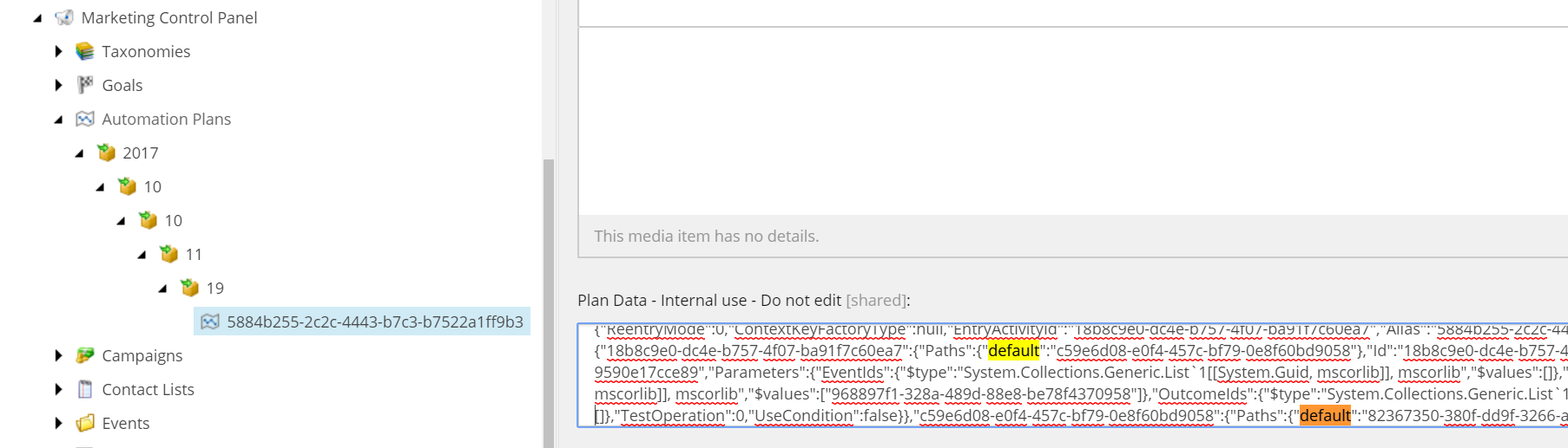 Plan data shown from the Content Editor Plan data shown from the Content Editor
