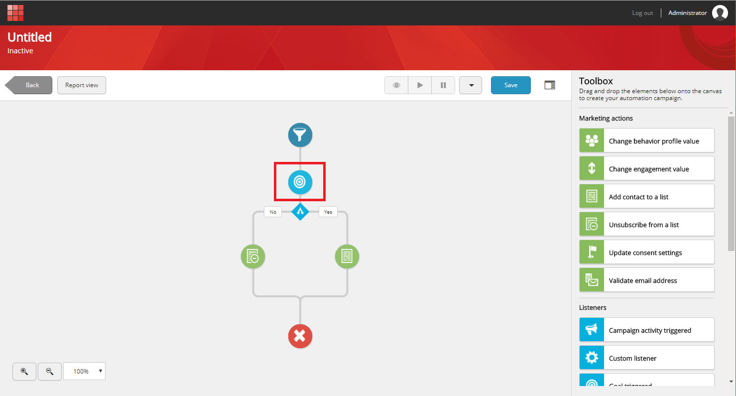 Example of marketing automation plan activity with true and false paths. Example of marketing automation plan activity with true and false paths.