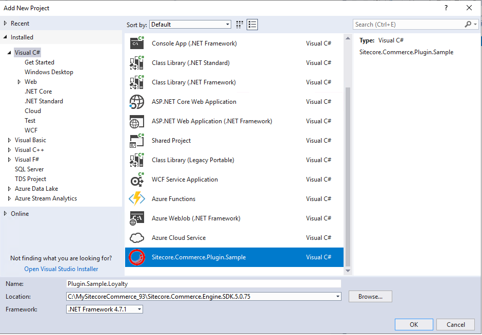 Add New Project dialog box showing the Sitecore.Commerce.Plugin.Sample project template