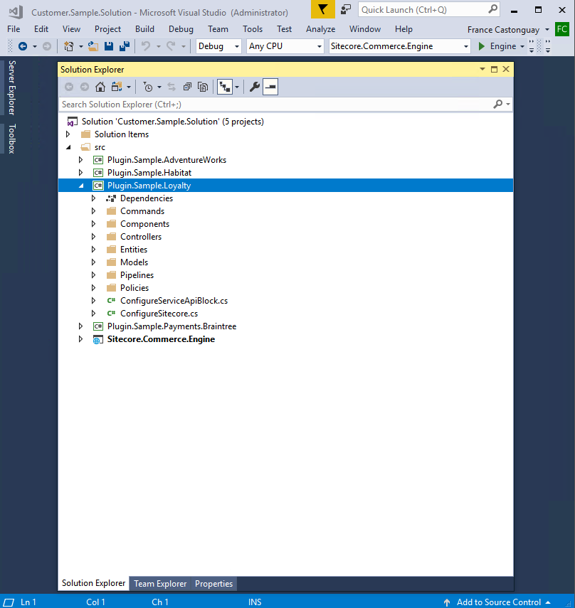 Visual Studio Solution Explorer showing plugin project folder with sample items