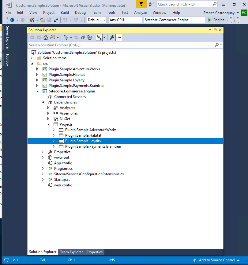 Visual Studio Solution Explorer showing Sitecore.Commerce.Engine item tree