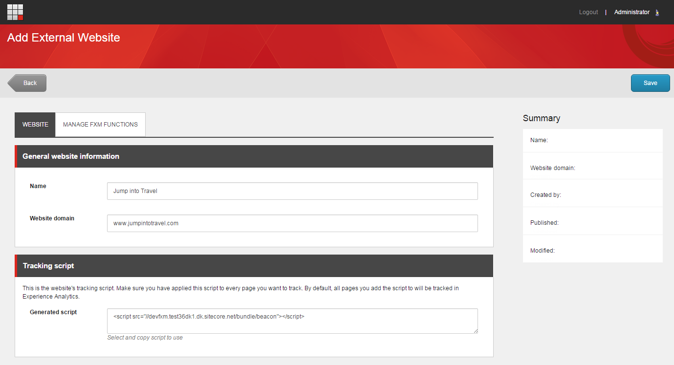 Add External Website page showing website details